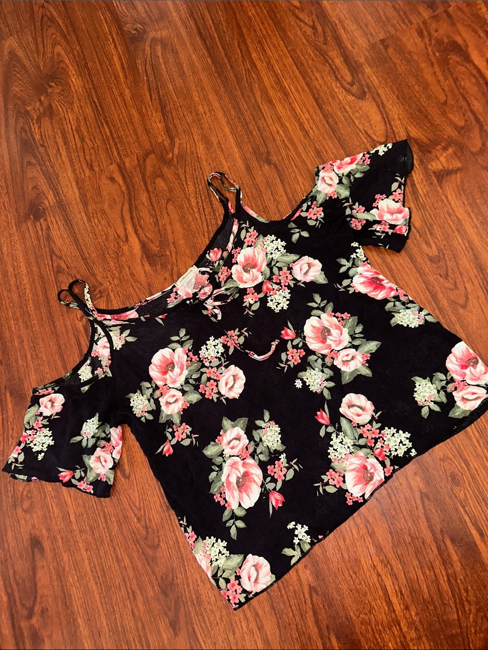 Ambiance Black Floral Cold-Shoulder Camisole with Pink Roses